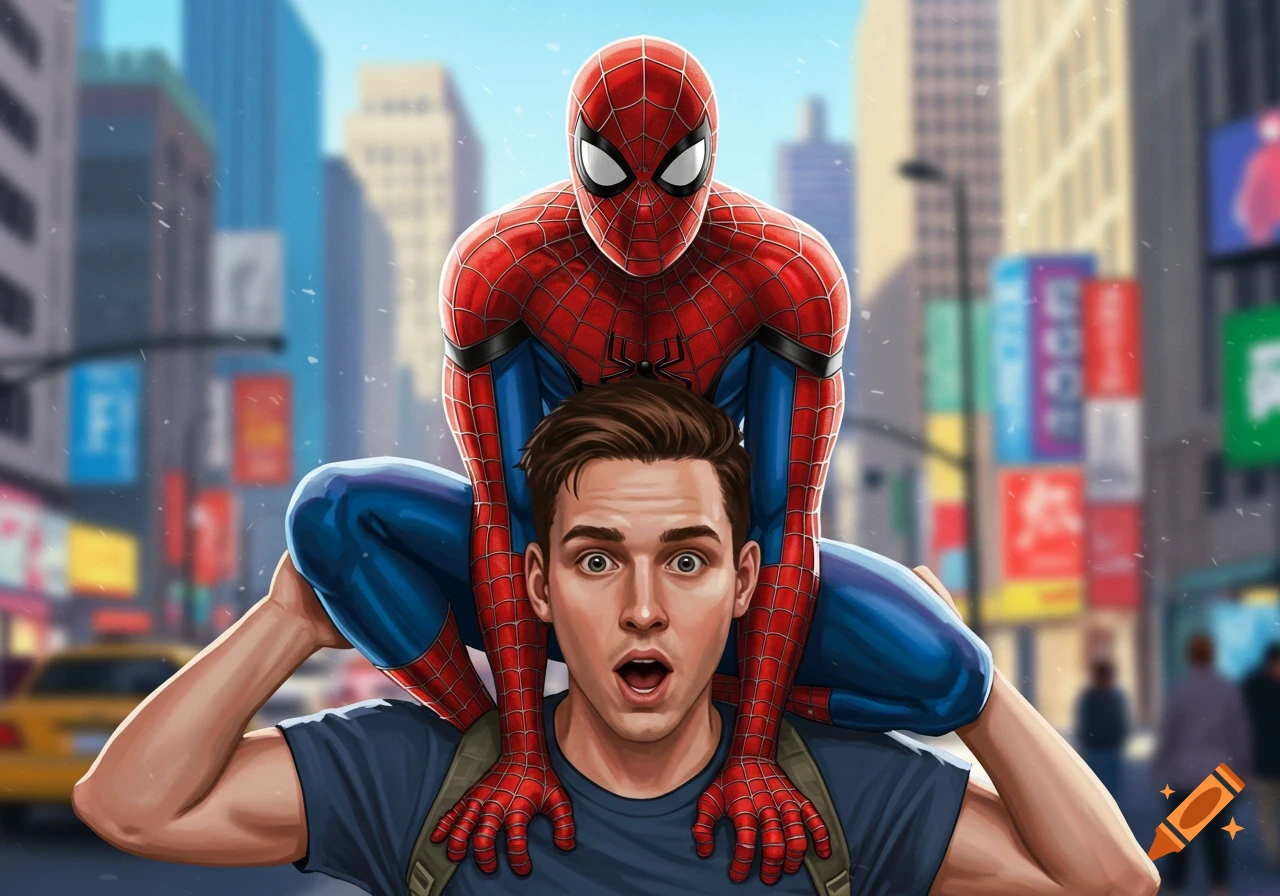 Illustration of Spider-Man sitting on a person's shoulders in a city street.