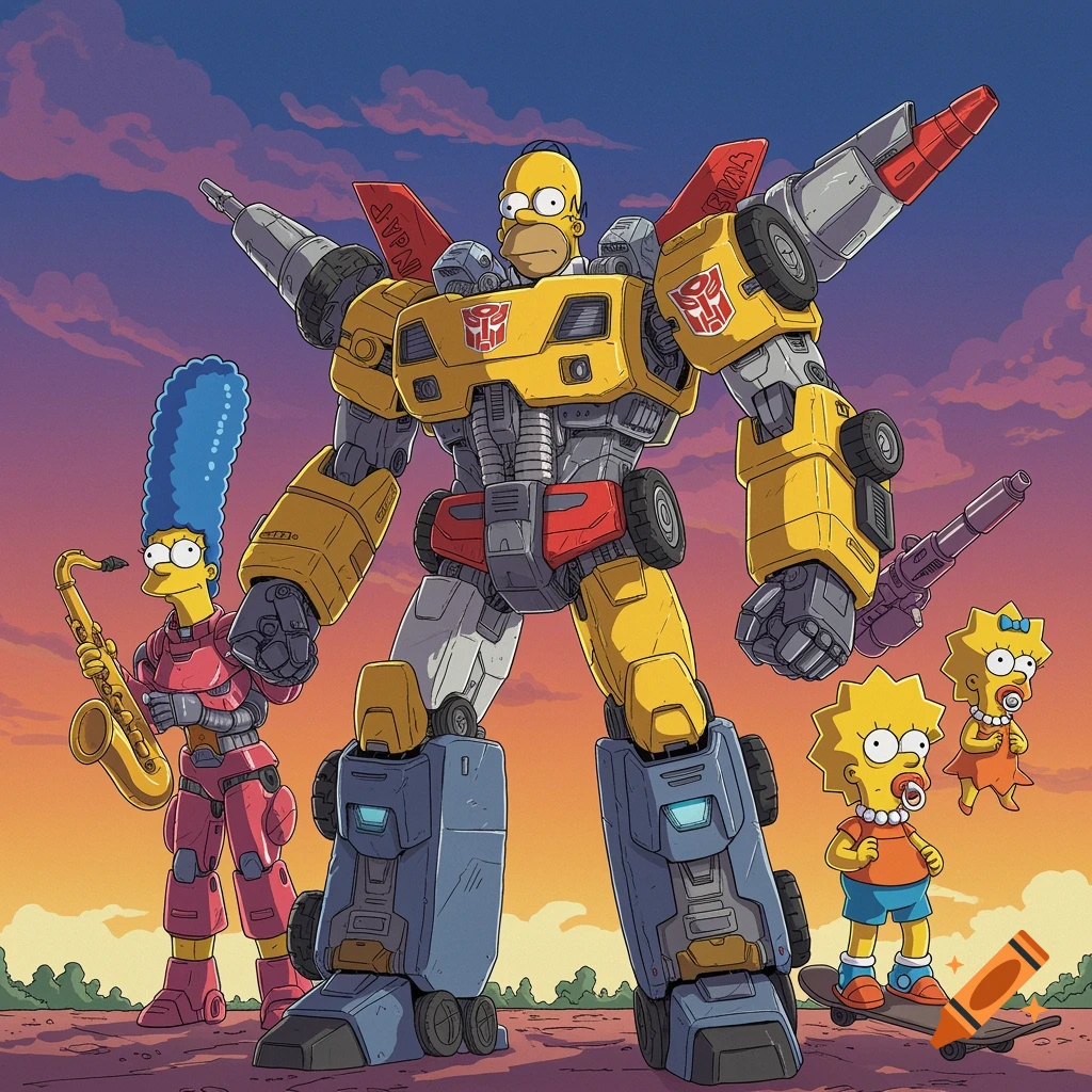Cartoon image of Homer Simpson as a large Transformers robot standing with Marge, Lisa on a skateboard, and Maggie.