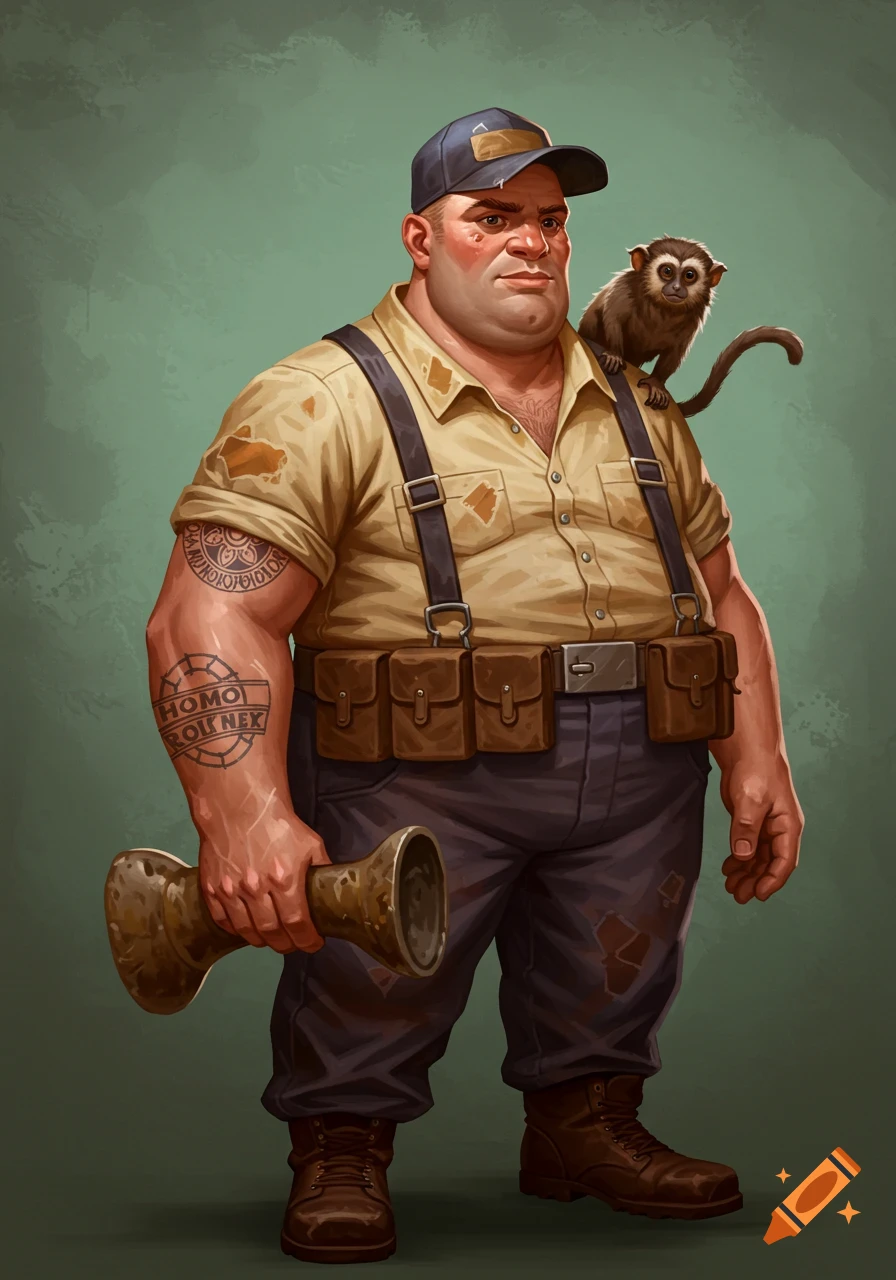 Illustration of a stout man in overalls and cap with a monkey on his shoulder holding a metal object.