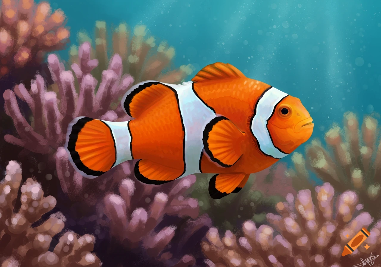 A clownfish swimming in a coral reef.