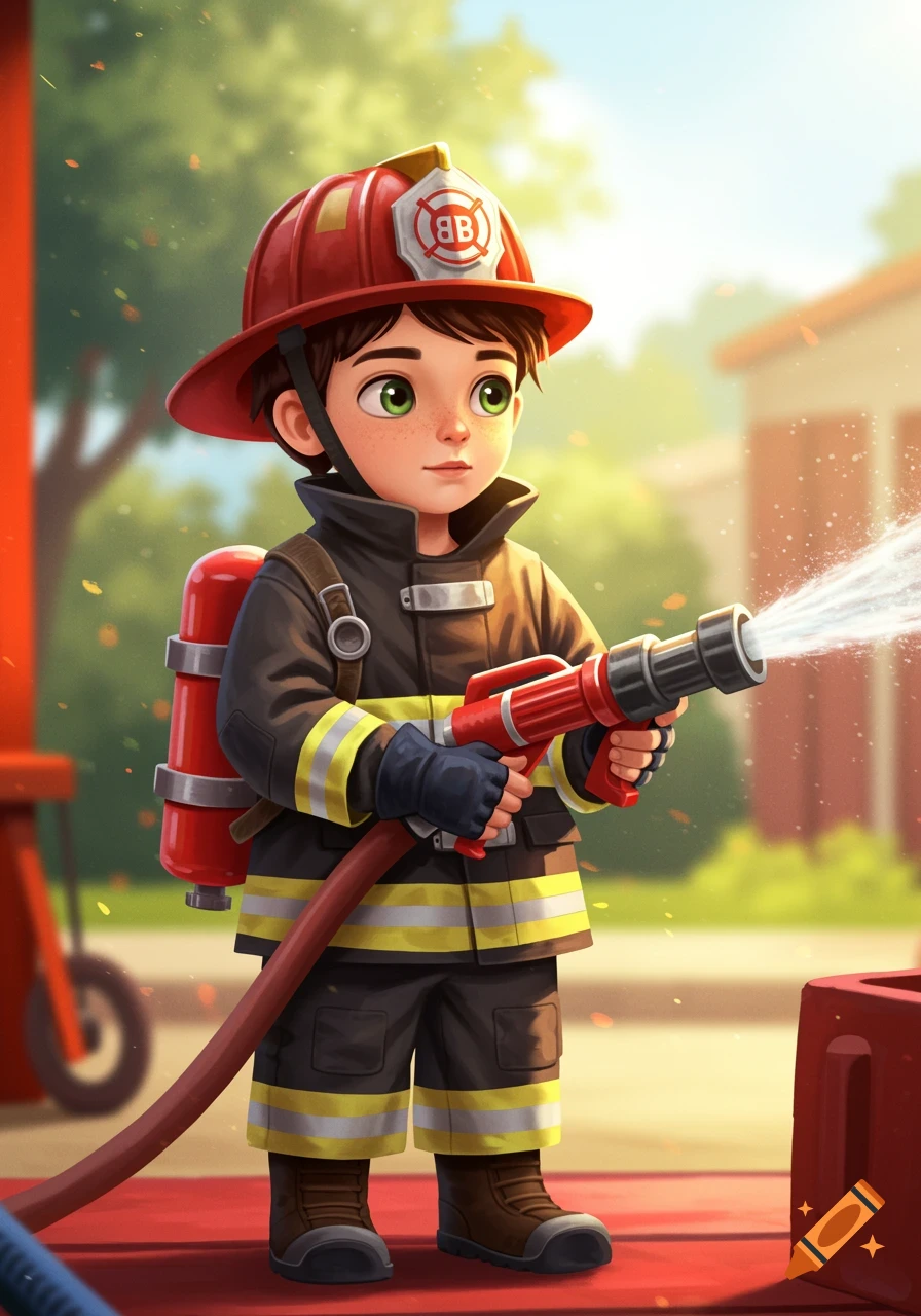 A cartoon-style young boy dressed as a firefighter sprays water from a hose.