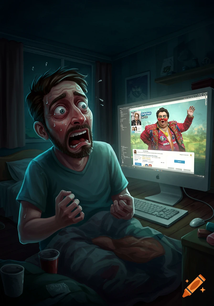 Man recoils in horror at computer screen showing a man on a website called OnlyFeds.