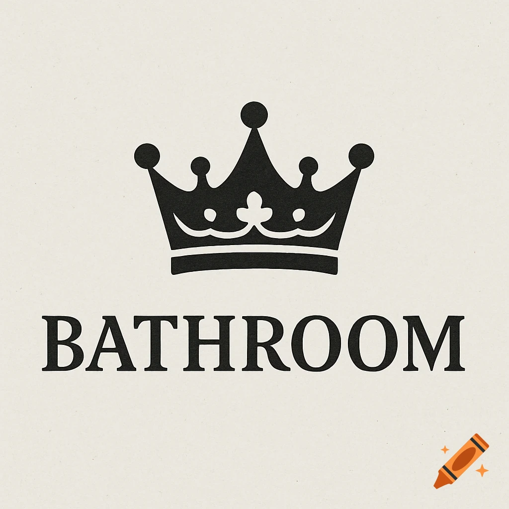 Black crown above the word BATHROOM on a light textured background, logo design.