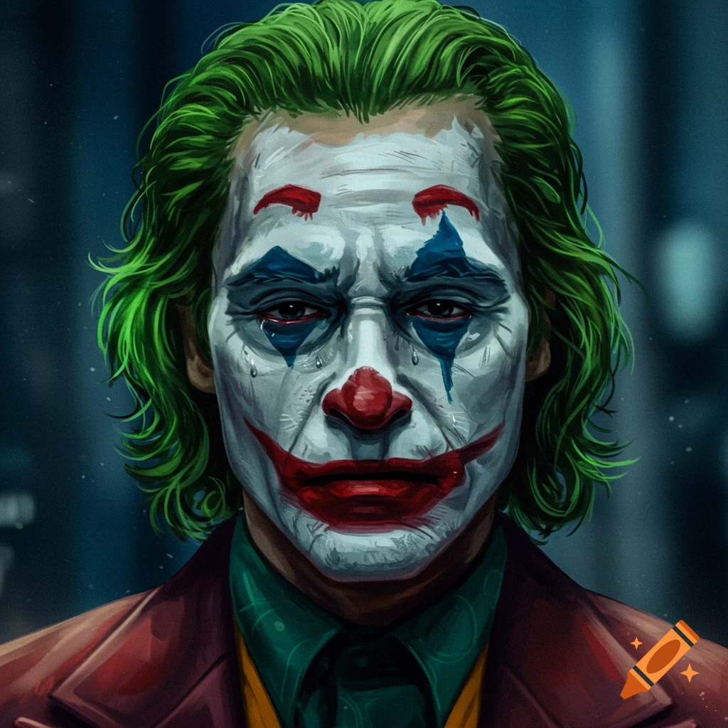 Portrait of the Joker character with green hair and crying makeup running down his face.