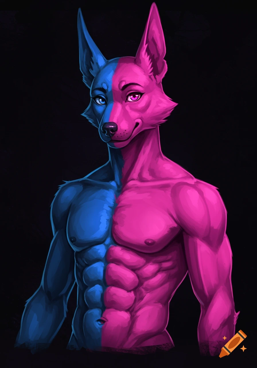 Anthropomorphic blue and pink dog character with a muscular torso against a dark background.
