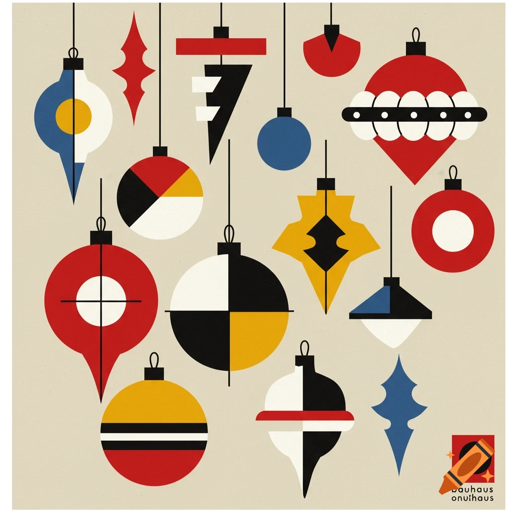 Abstract geometric Christmas ornaments in Bauhaus style hanging on strings