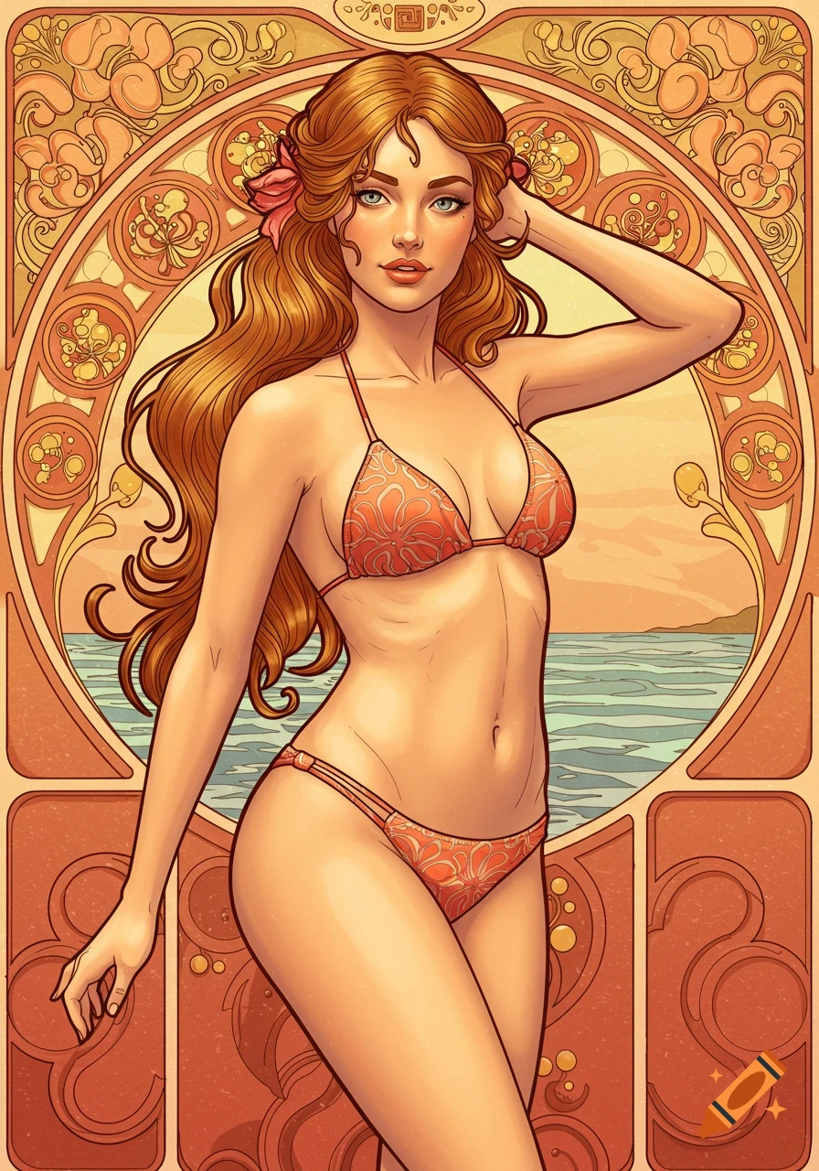 An Art Nouveau style illustration of a woman in a bikini.