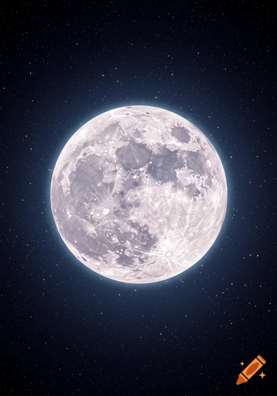 Detailed full moon glowing in a dark night sky filled with stars.