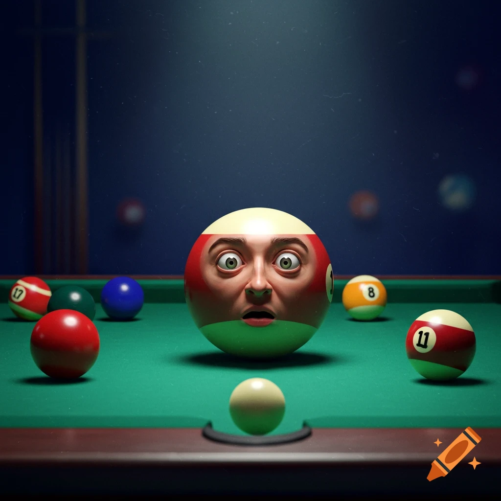 A surreal image of a billiards table with balls. The white cue ball has a human face looking surprised.
