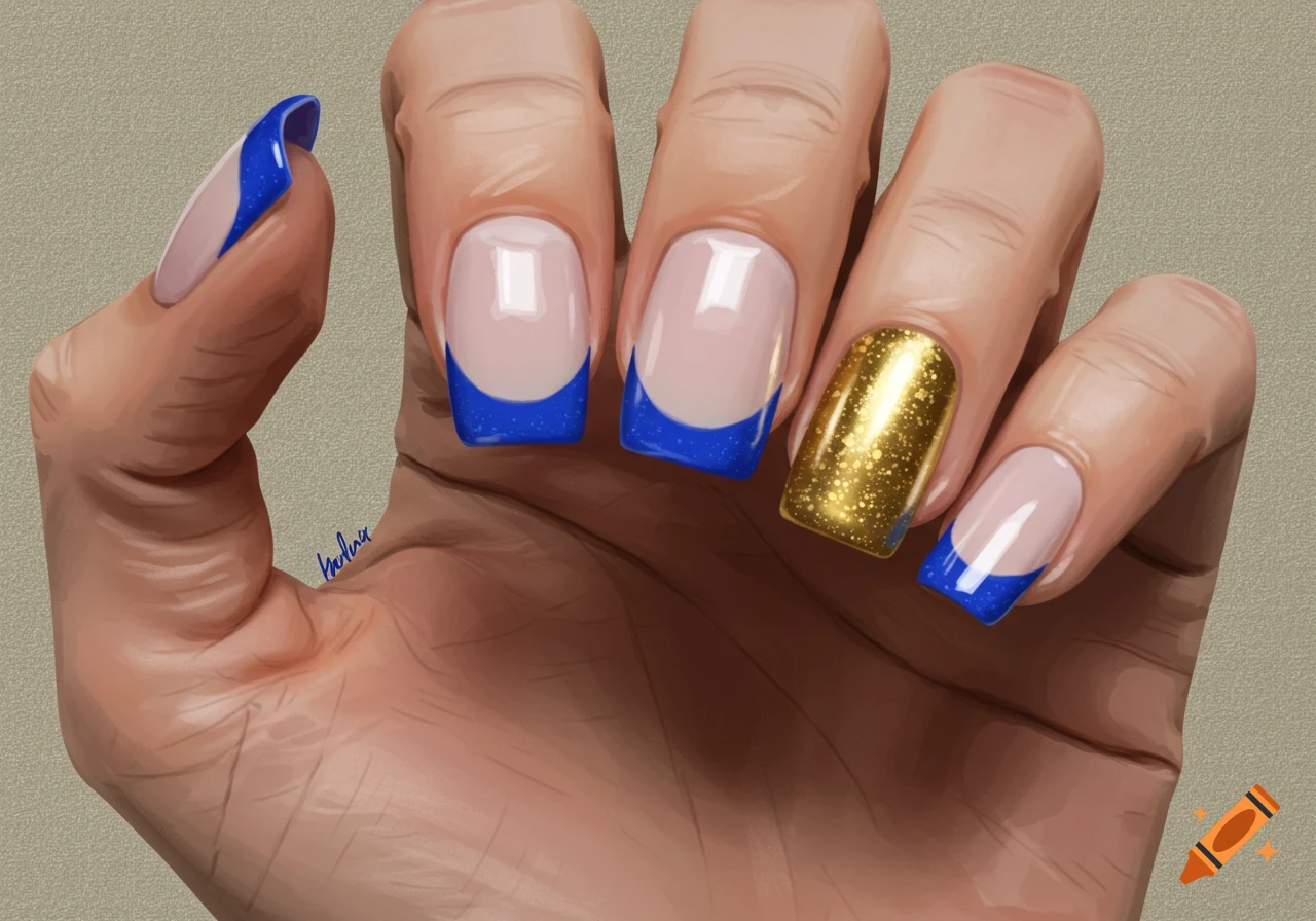 Close up of a hand with blue french tip nails and one gold glitter nail, in an illustrative style.