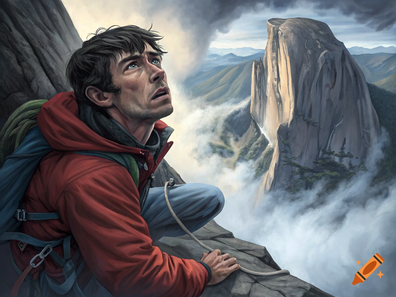 Realistic art of a climber on a rock face looking up at a large mountain