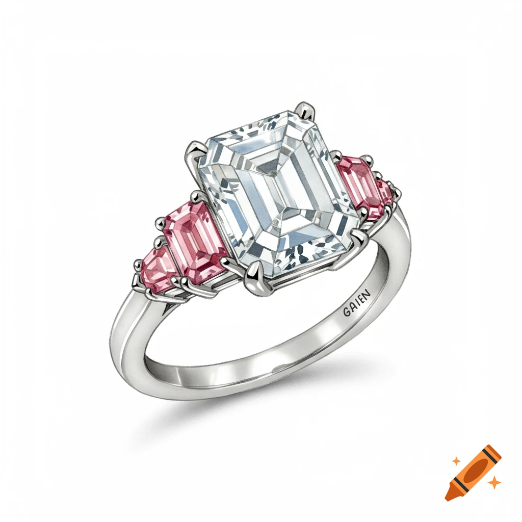 Silver ring with a large emerald-cut diamond and two pink emerald-cut side stones on a white background
