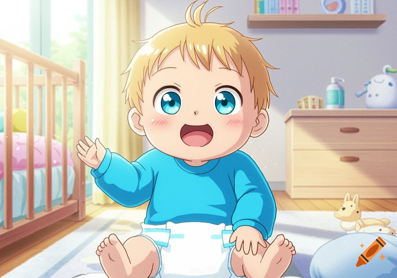 Anime illustration of a smiling baby waving in a nursery.