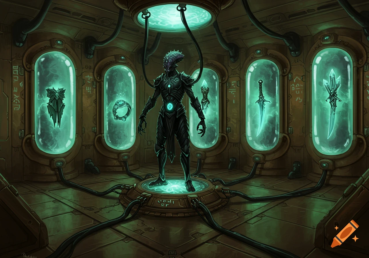 Alien in a sci-fi lab chamber with glowing artifacts in tubes, digital painting.