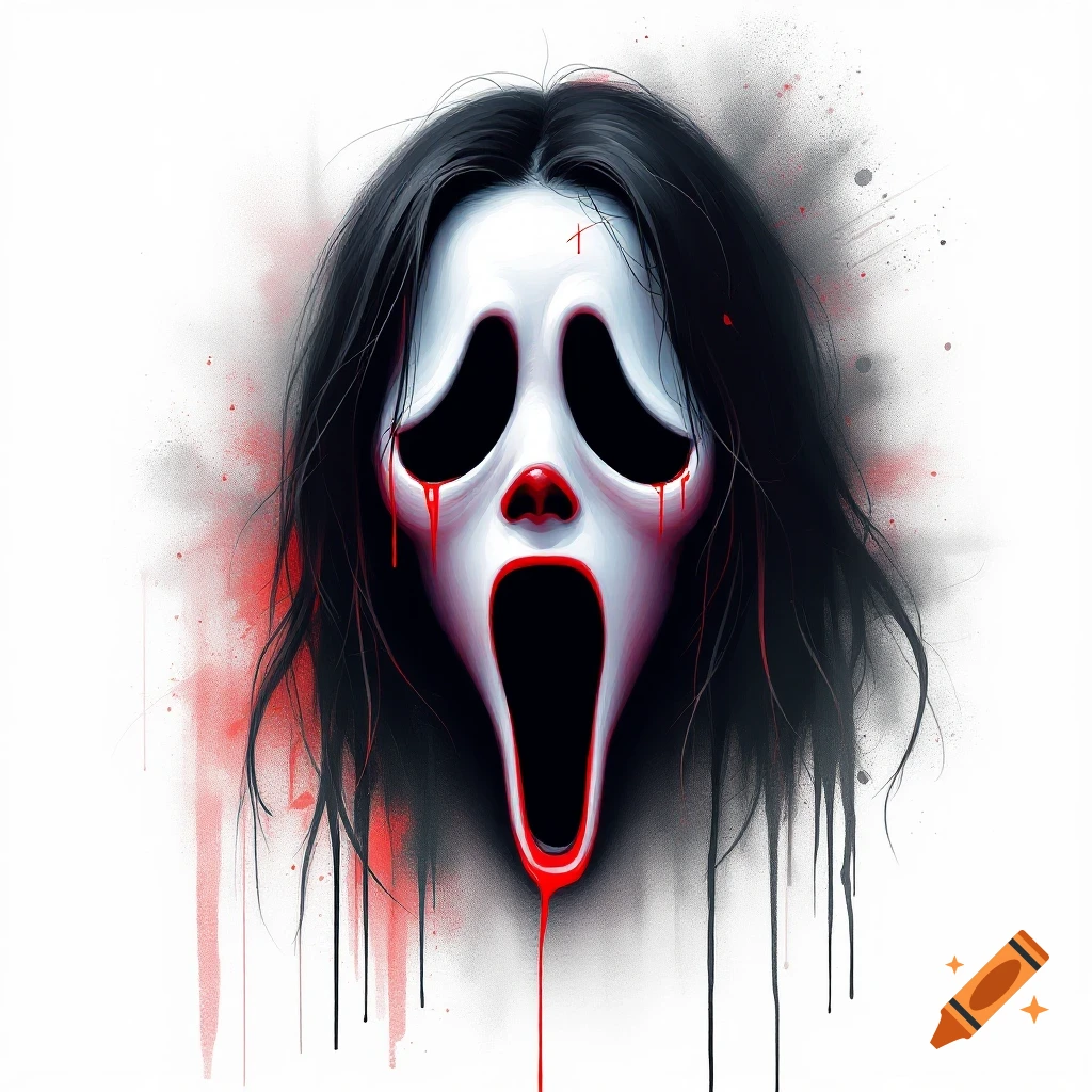 Stylized illustration of the Scream Ghostface mask with dripping red liquid.