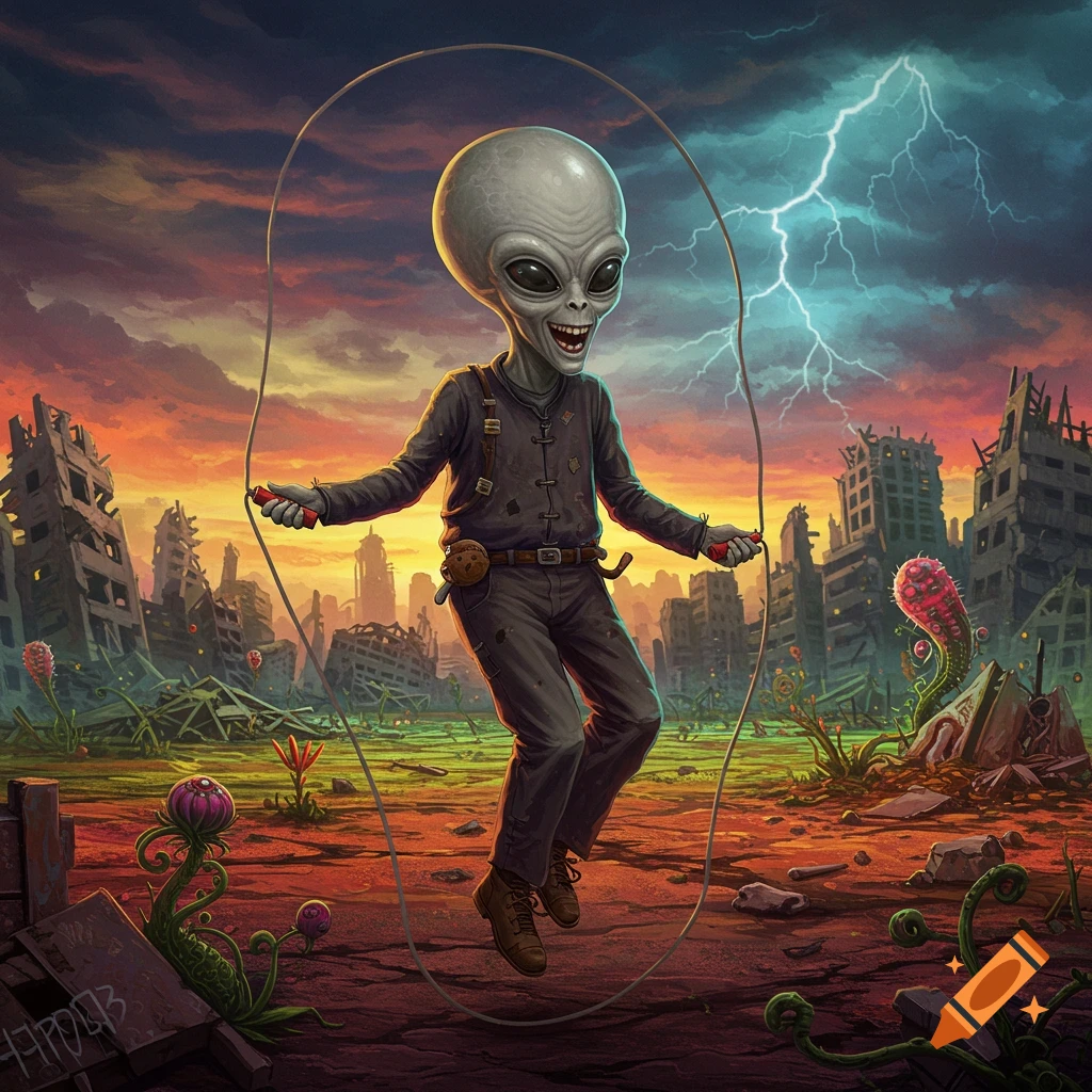 An alien skips rope in a ruined city under a stormy sky with lightning.