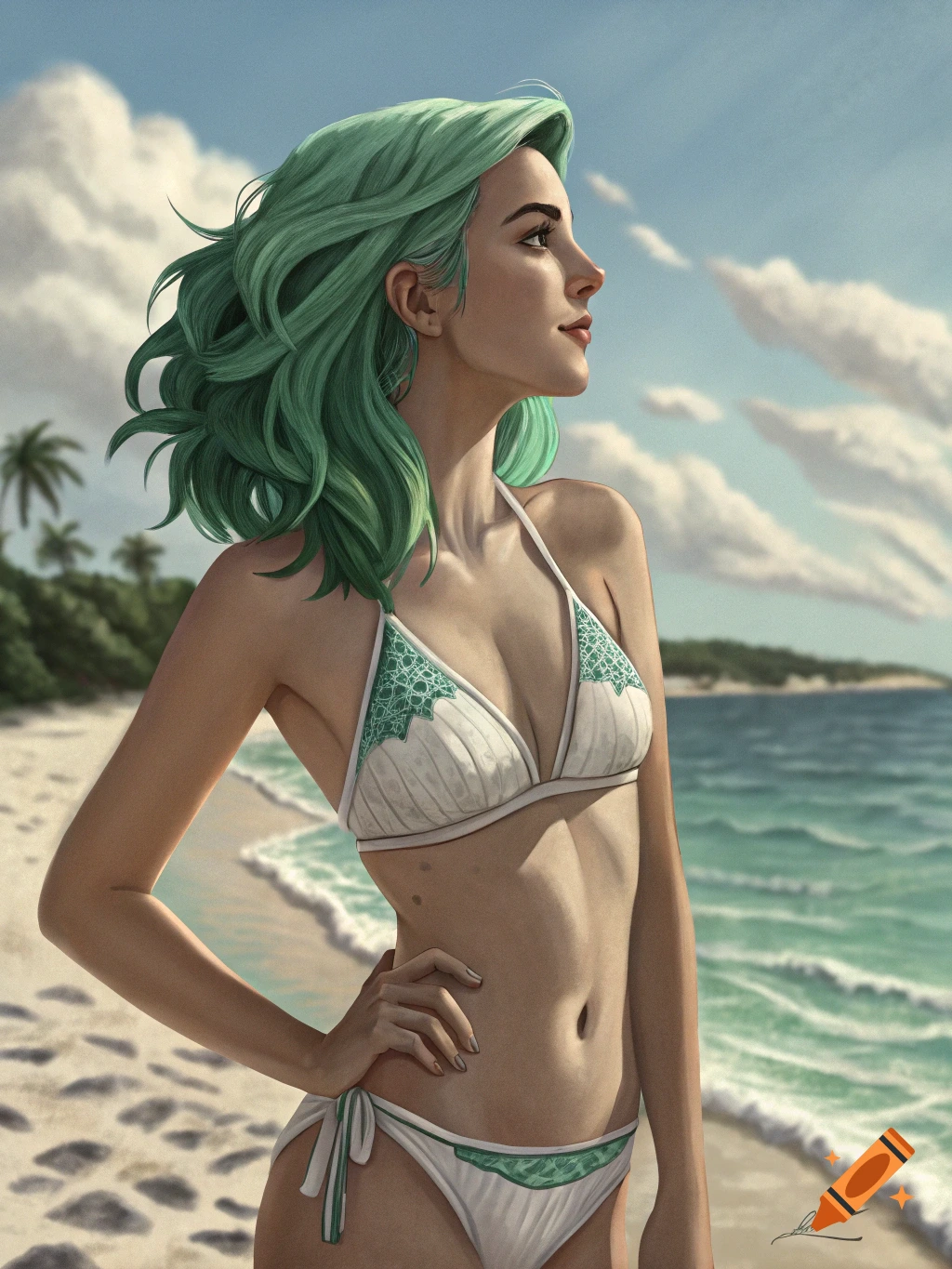 Digital painting of a woman with green hair in a bikini on a beach