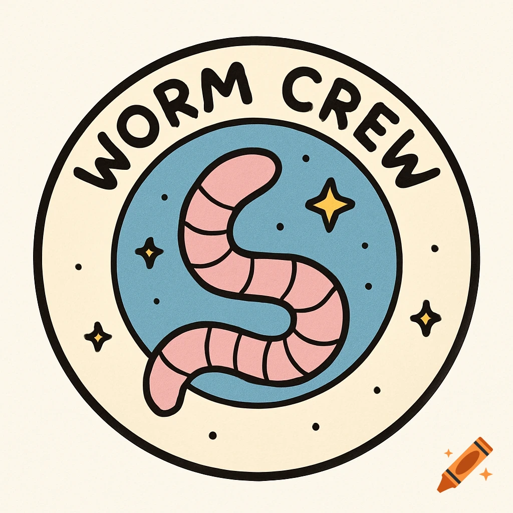 A circular cartoon badge featuring a pink worm, stars, and the text 'WORM CREW' on a light yellow background.