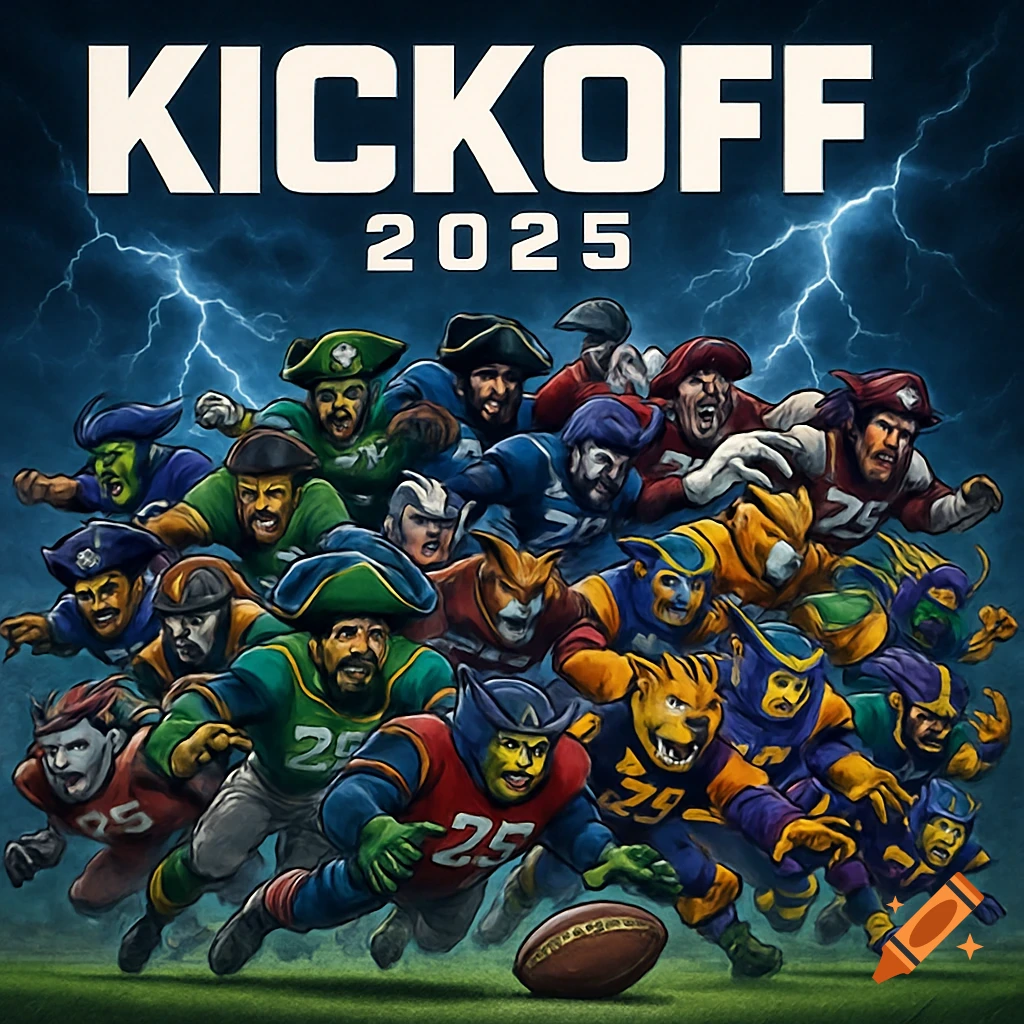 Dramatic illustration of various mascots in football uniforms diving towards a football, with a stormy sky and text 'KICKOFF 2025'.