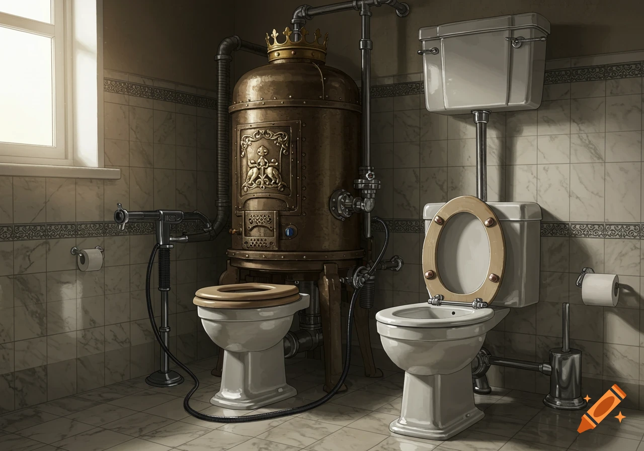 Steampunk-style bathroom with two toilets, one connected to a large boiler with a crown.