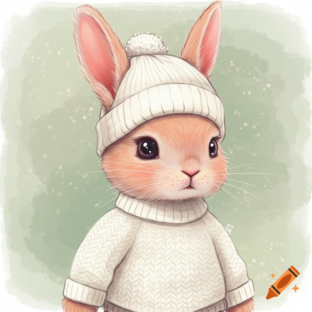 Cute watercolor illustration of a bunny in a white sweater and beanie.