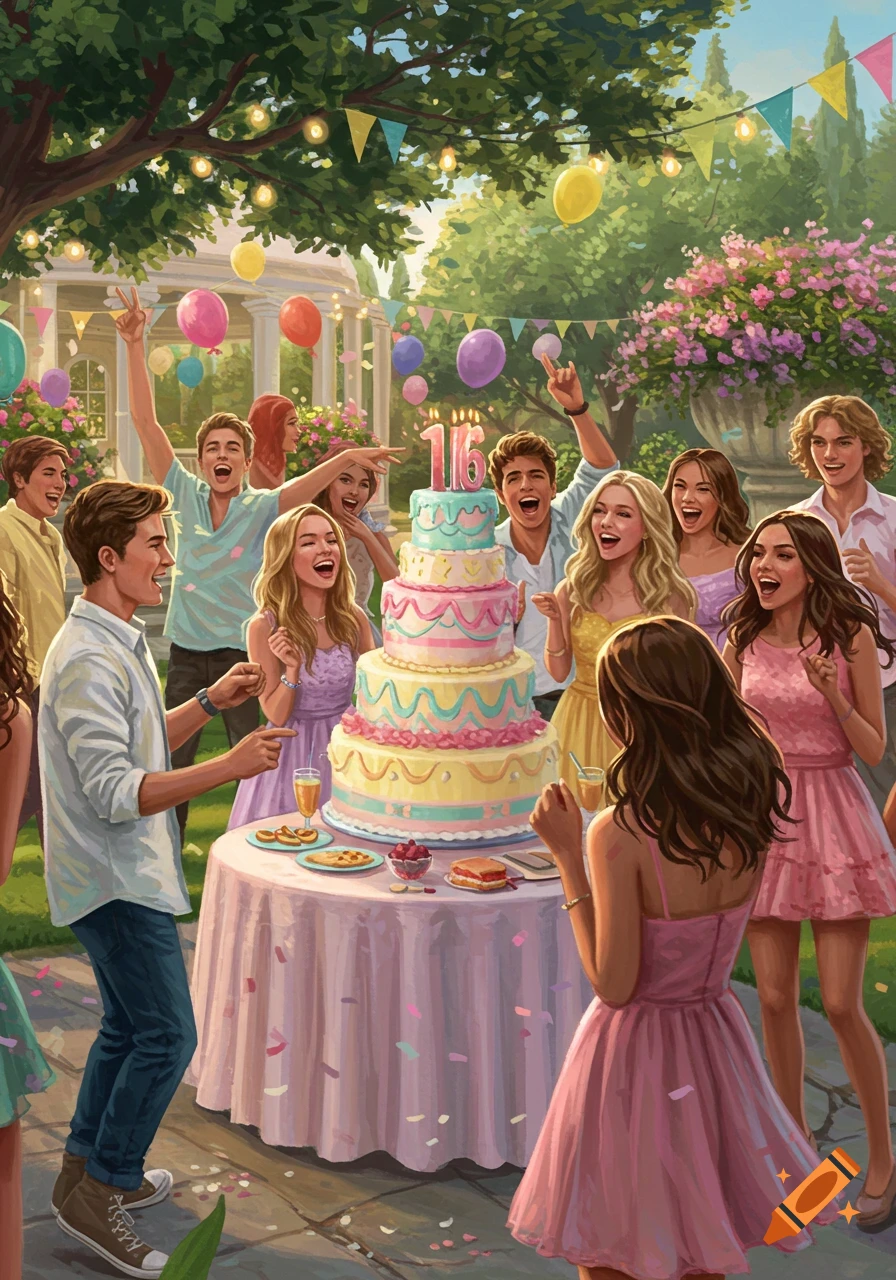 A group of smiling teenagers celebrates around a multi-tiered birthday cake with "16" candles at an outdoor party.