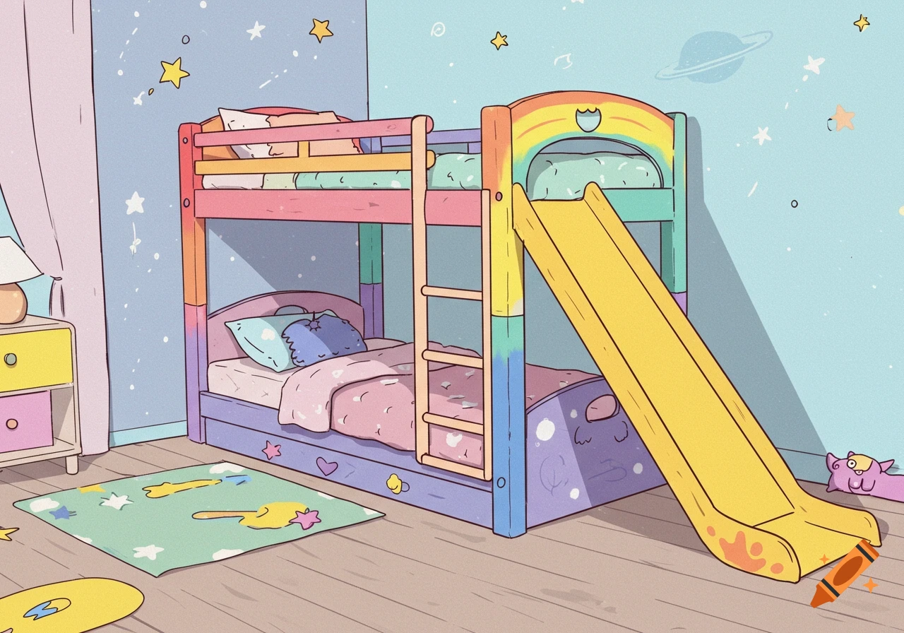 A cartoon illustration of a rainbow bunk bed with a yellow slide in a room decorated with stars.