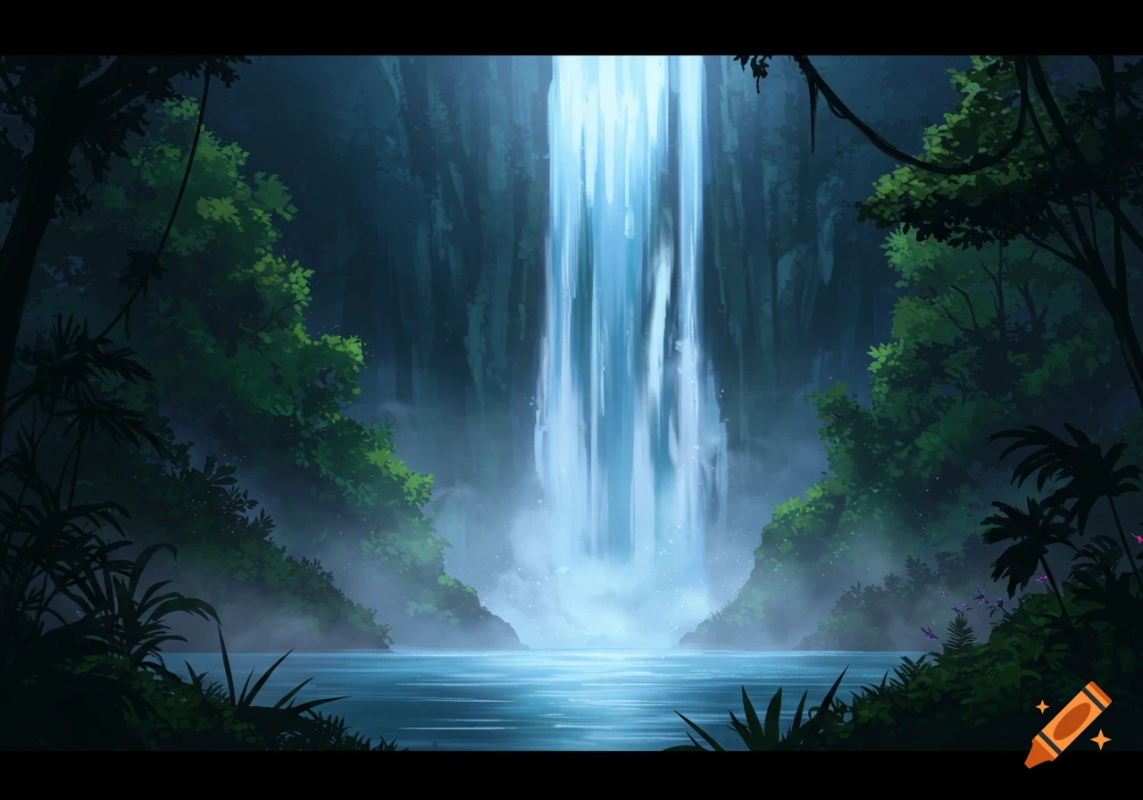 Stylized illustration of a waterfall cascading into a lake in a dark jungle.