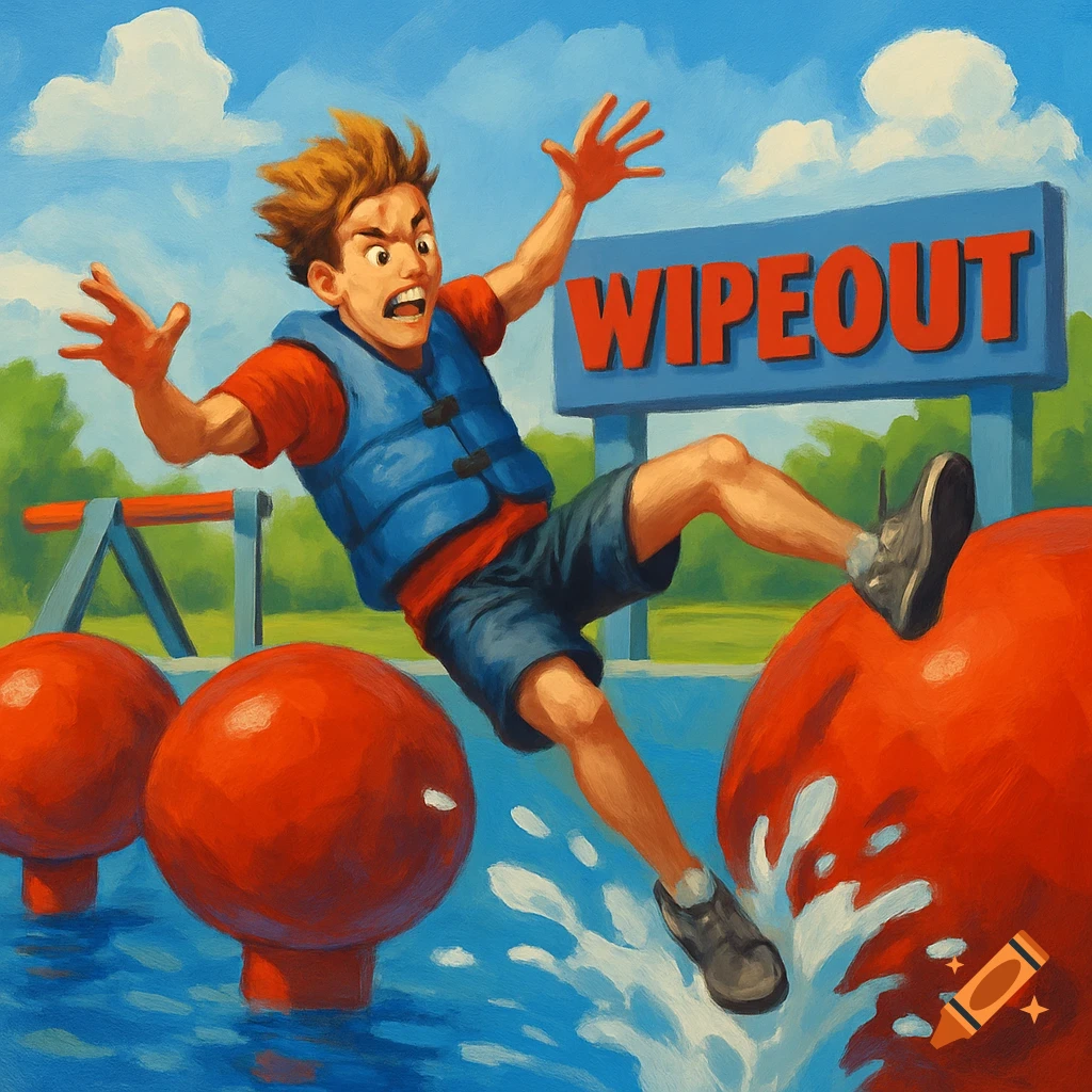 Painting of a person falling on a game show obstacle course with large red balls and a sign saying WIPEOT.