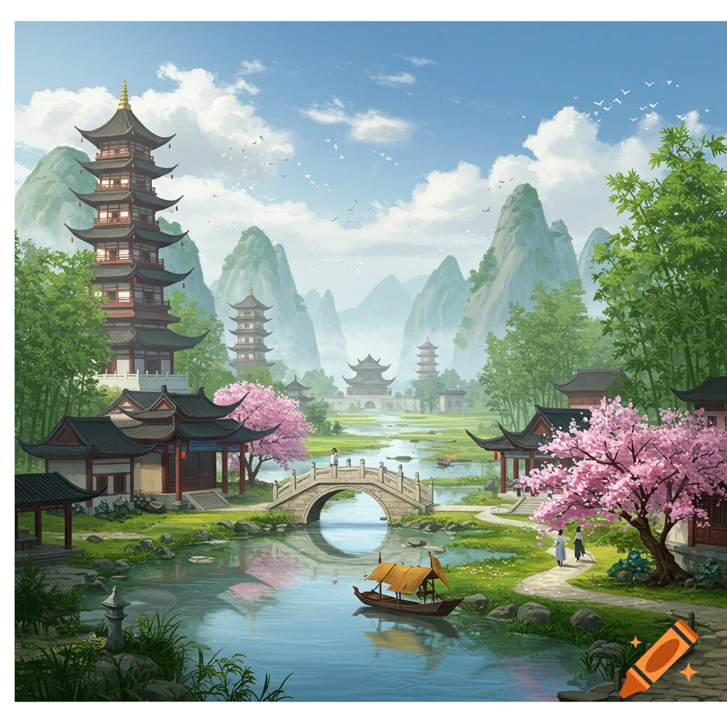Illustration of an ancient Chinese landscape with pagodas, river, mountains, and cherry blossoms.