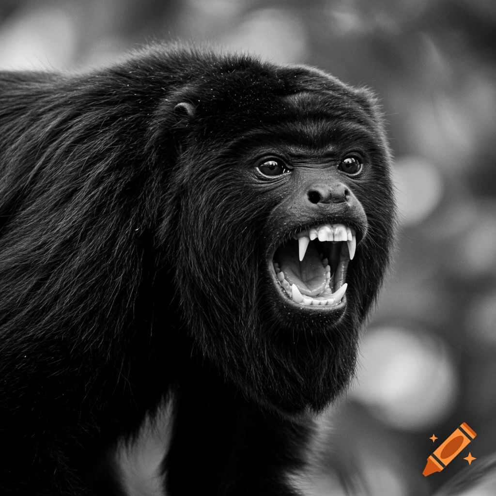 Black and white close-up photo of an angry howler monkey with mouth open, baring fangs.