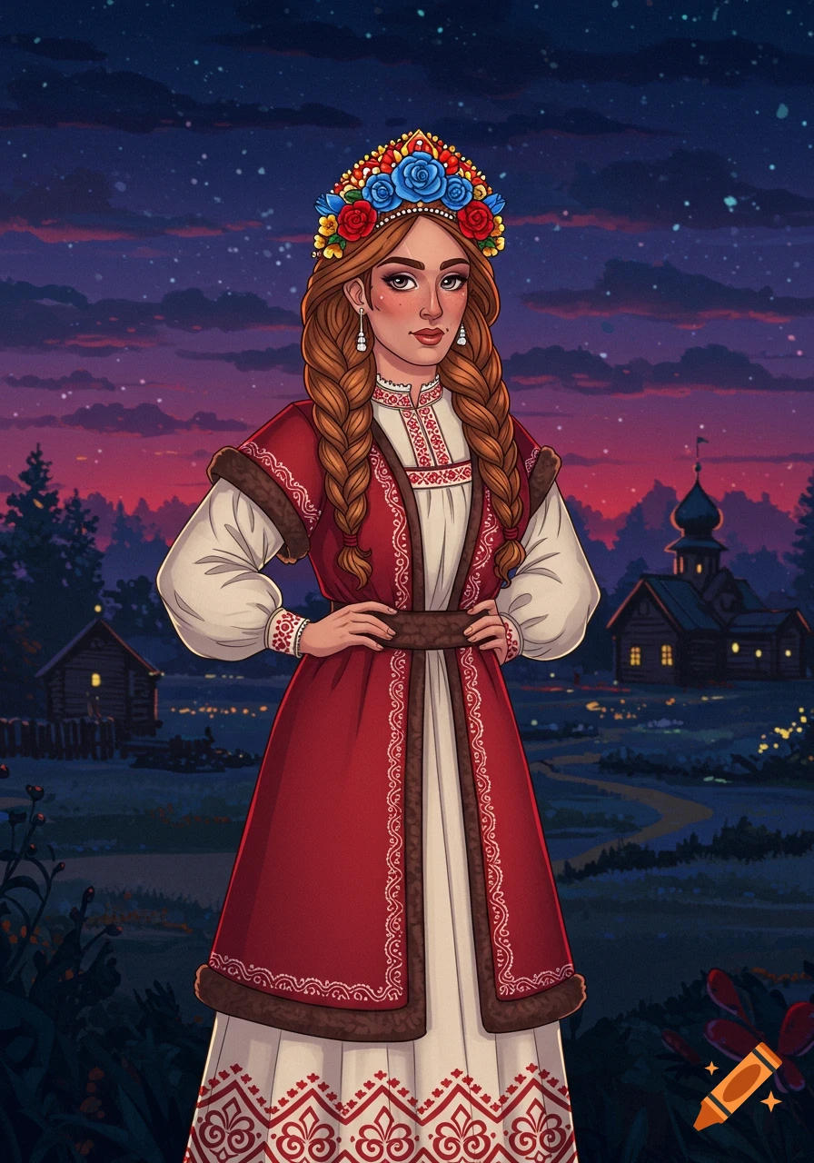 Illustration of a woman in traditional Russian-inspired clothing with braids and floral crown under a starry night sky with a village.