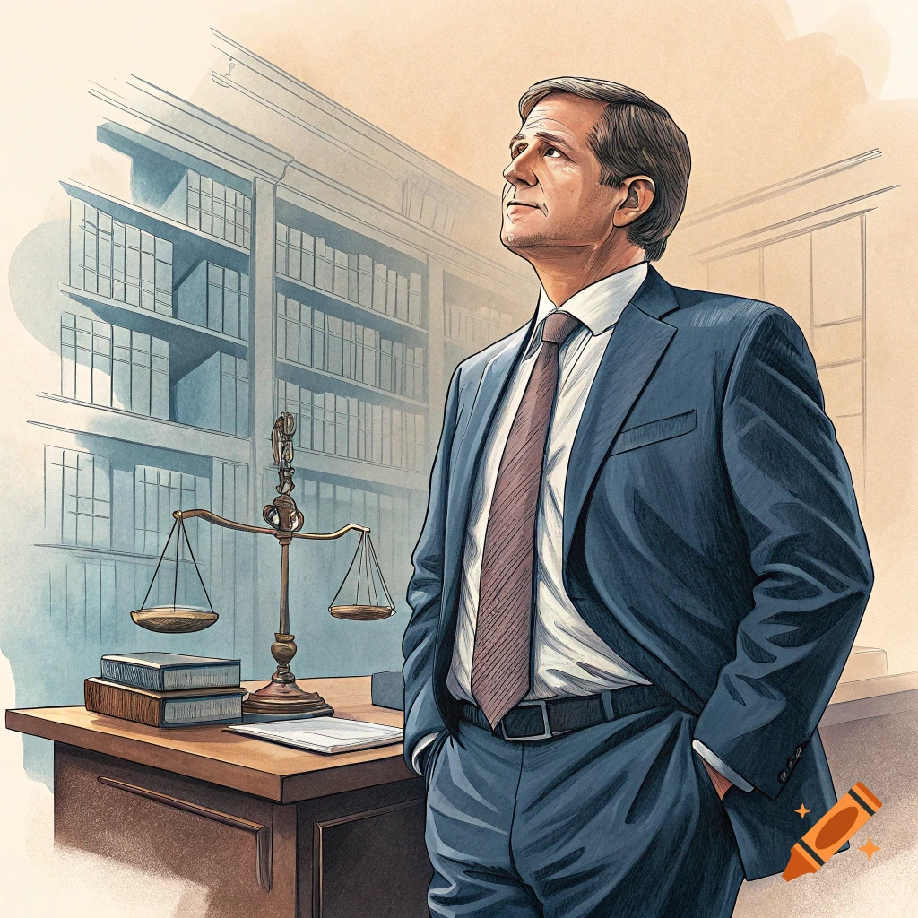 Illustration of a man in a suit standing in a law office with scales of justice.