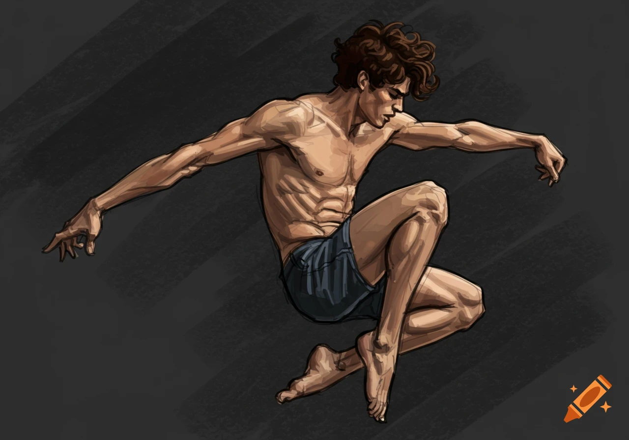 Sketch of a muscular man in a dynamic pose.
