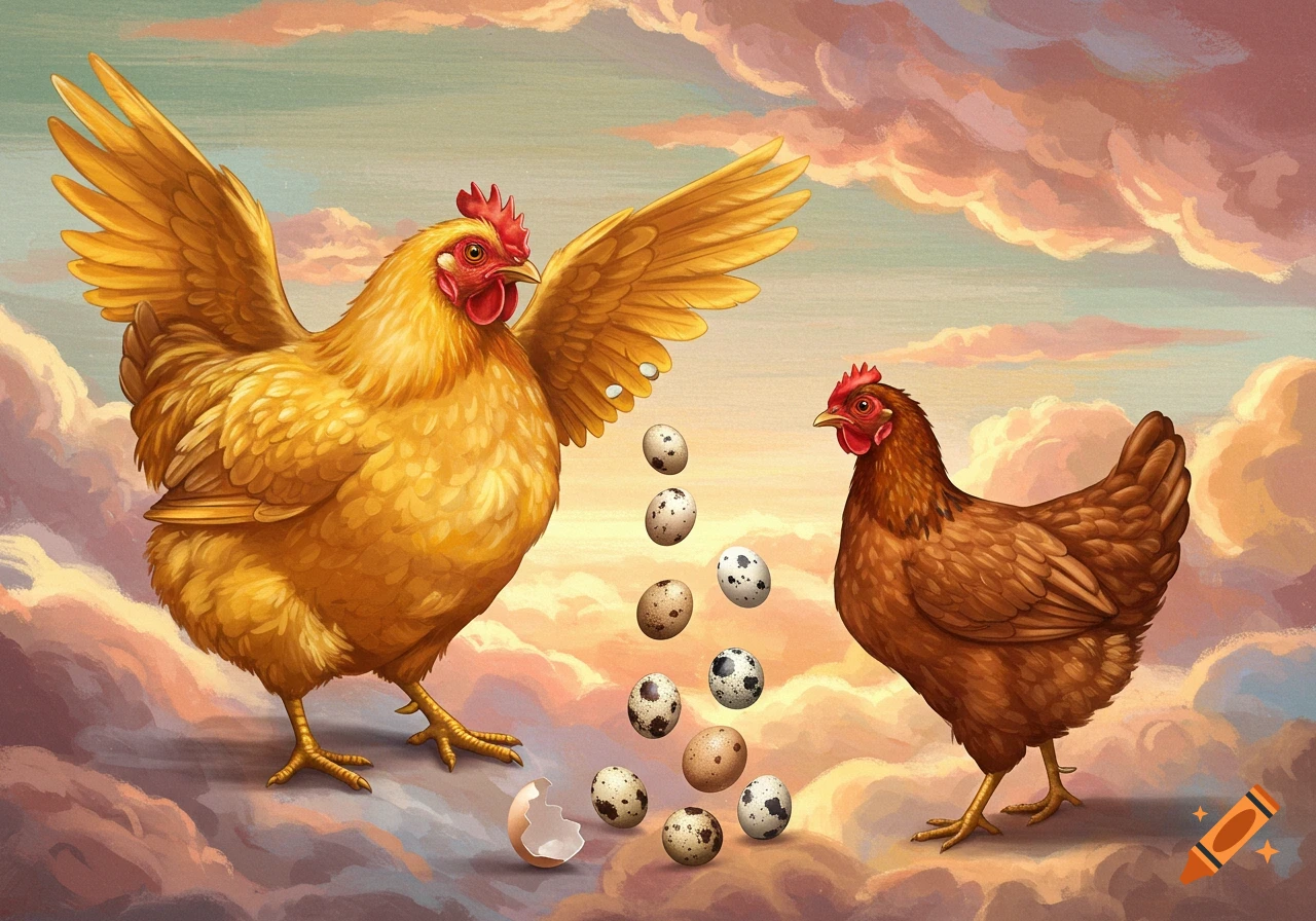 Two chickens and falling eggs among clouds in a painterly style.
