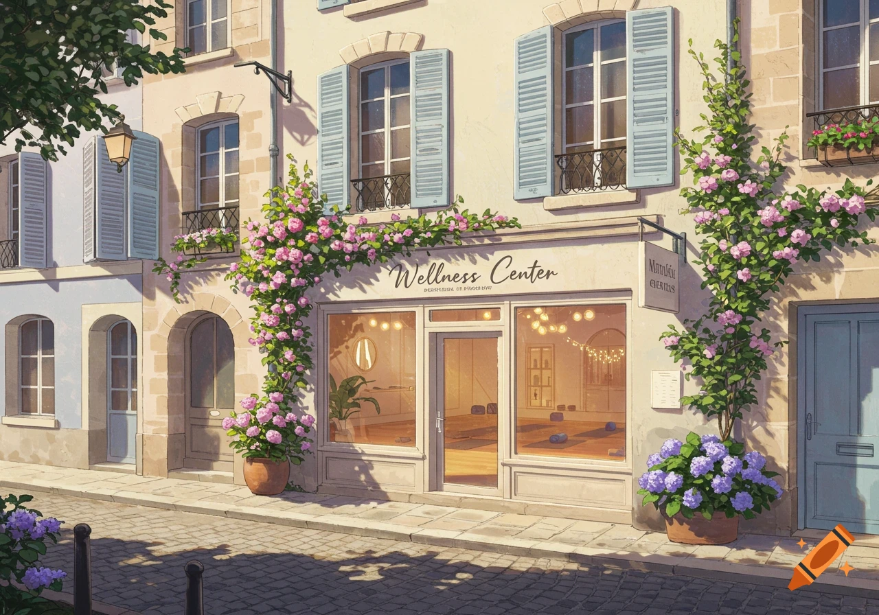 A painterly illustration of a French provincial building facade with a Wellness Center sign and lots of pink flowers.