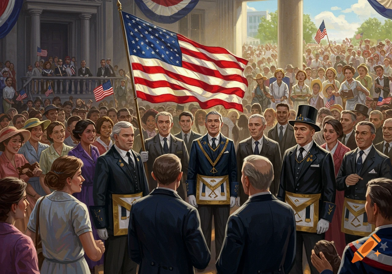 A large crowd gathers for a patriotic ceremony with men in suits and Masonic regalia holding a large American flag.