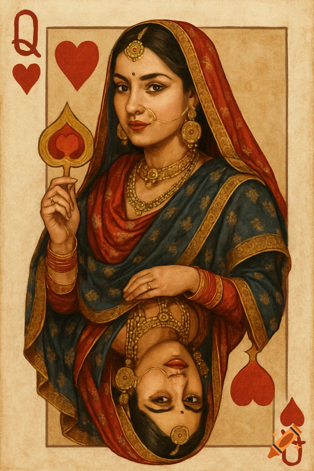 A stylized playing card depicting a woman in Indian attire as the Queen of Hearts.