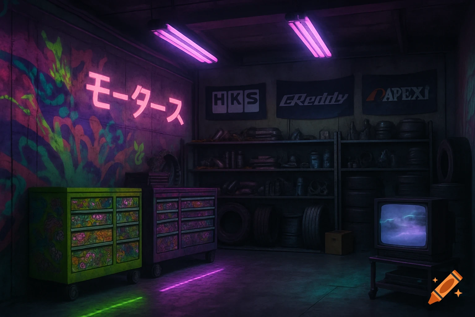 A retro Japanese tuning shop garage interior with neon lights, racing banners, tool cabinets, and a CRT TV.