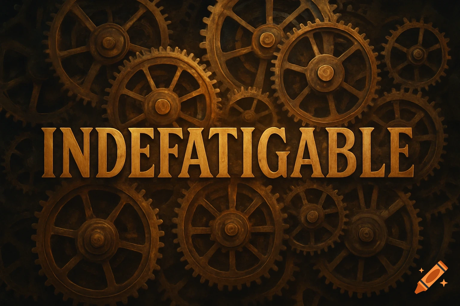 The word INDEFATIGABLE in gold letters over a background of bronze gears.