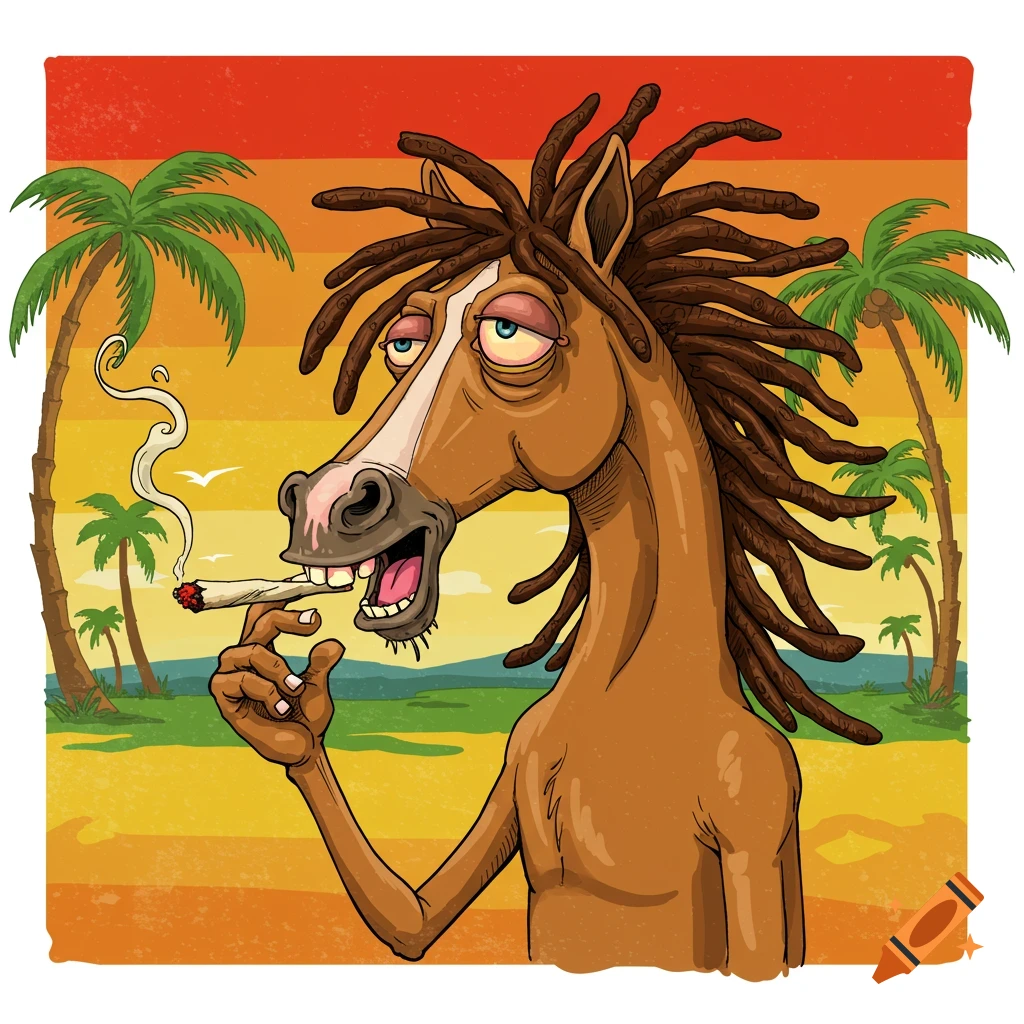 Doodle style illustration of a horse with dreadlocks and a human arm smoking a joint in front of a tropical sunset.