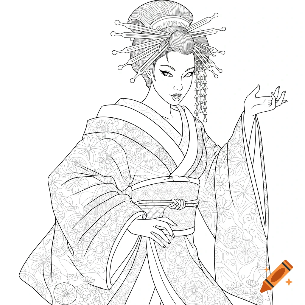 Black and white line art of a Japanese woman in a kimono and elaborate hairstyle.