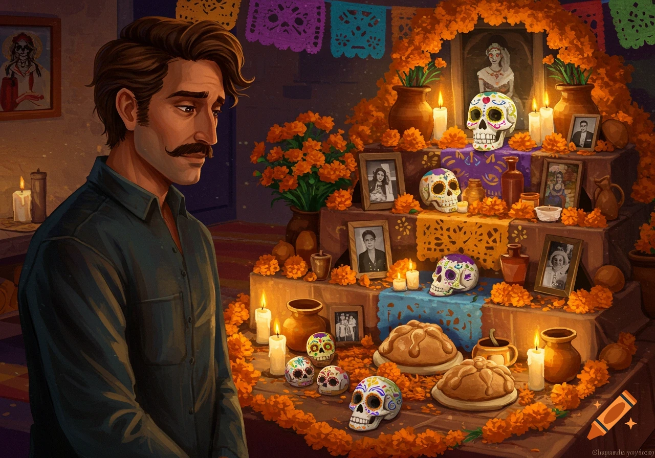 A man stands mournfully before a Dia de los Muertos ofrenda adorned with marigolds, sugar skulls, candles, bread, and framed photos in a warm, illustrative style.