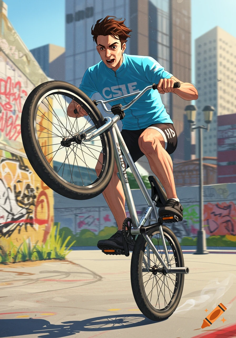 Person performing a wheelie on a BMX bike in an urban setting.