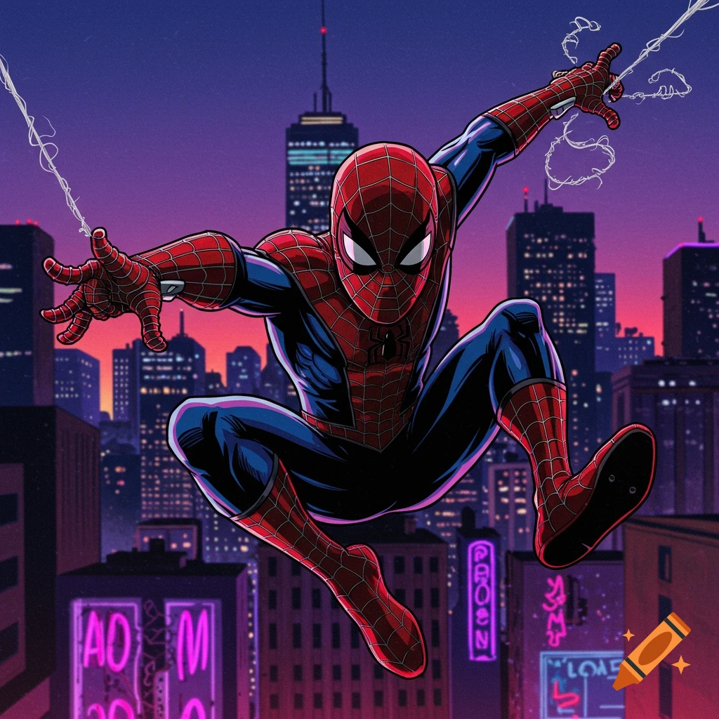 Spider-Man swings through a city at night in a comic book style.