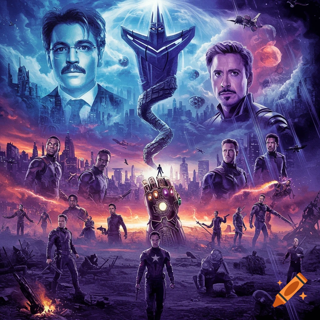 A movie poster collage featuring characters resembling actors from Avengers and Inception, with cityscapes, space, and an Infinity Gauntlet.