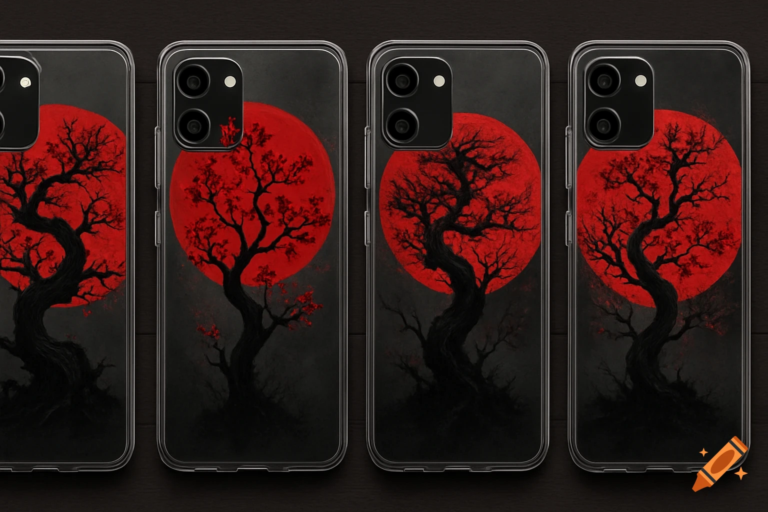 Four phone cases with a Japanese-style black tree and red sun design.