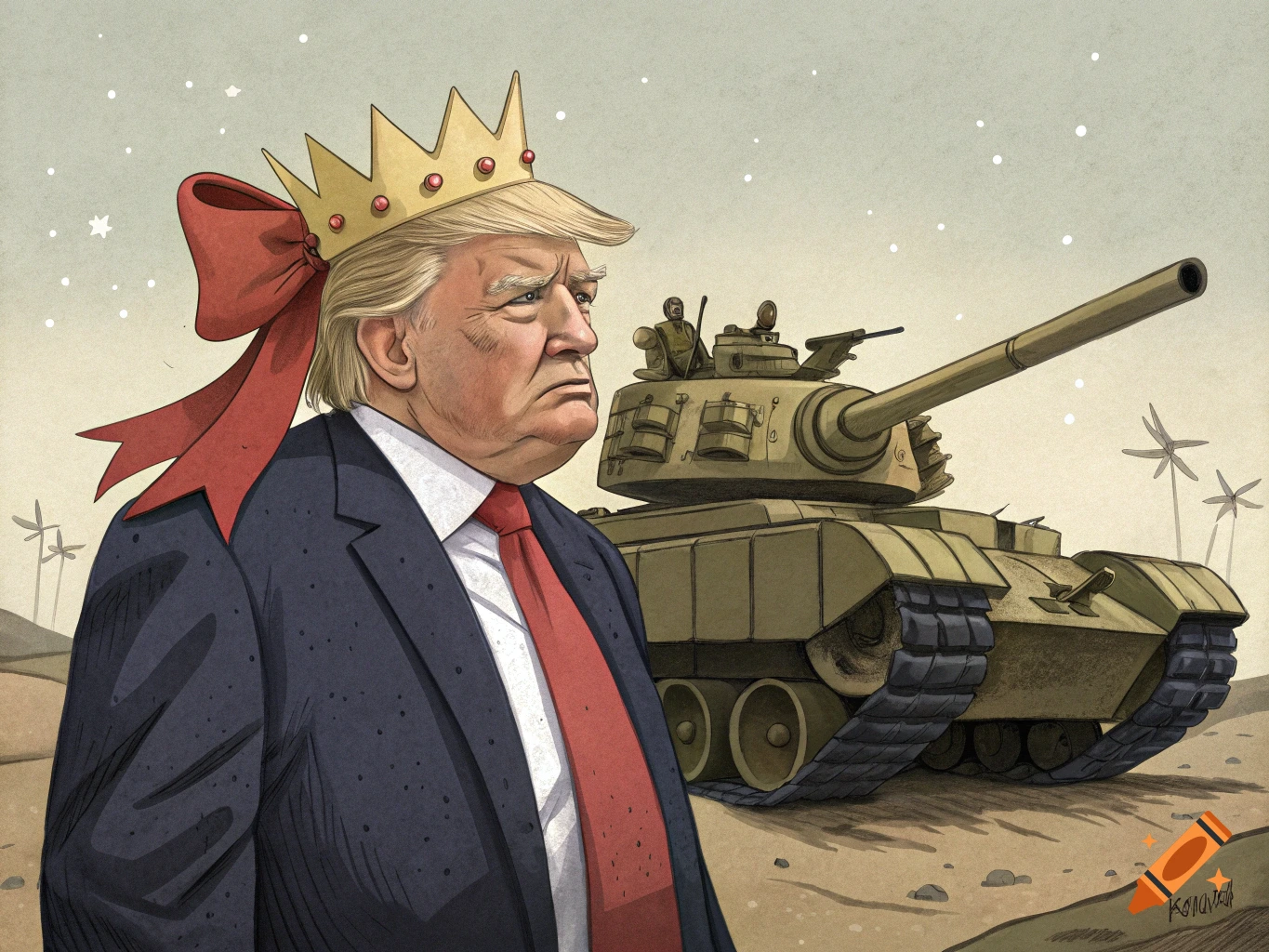 Political cartoon of Donald Trump wearing a crown and red bow, standing in front of a tank.