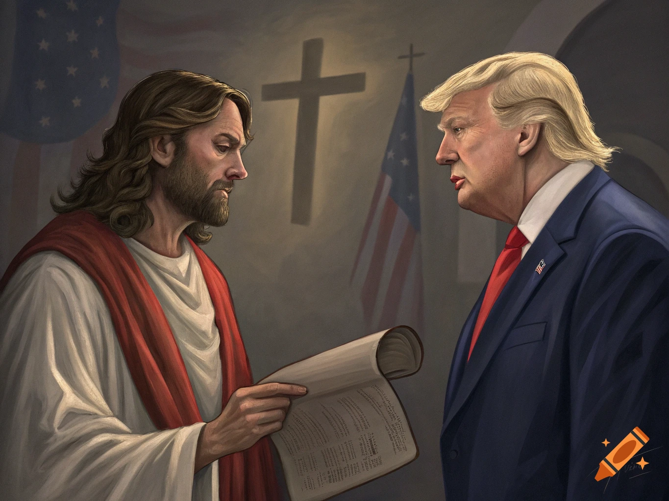 Painting of Jesus holding a book, facing Donald Trump, with a cross and American flag in the background.