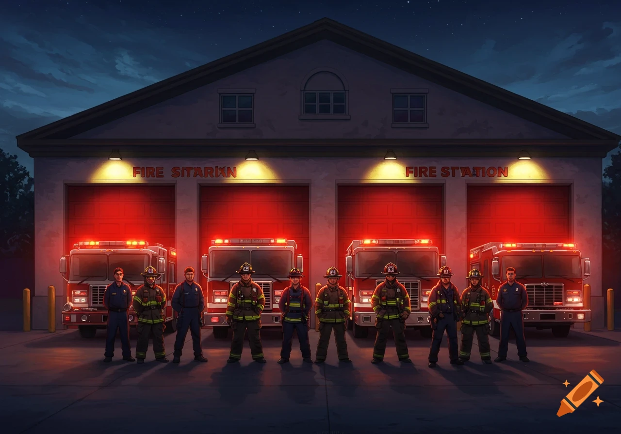 Firefighters stand in front of a fire station with fire trucks at night.